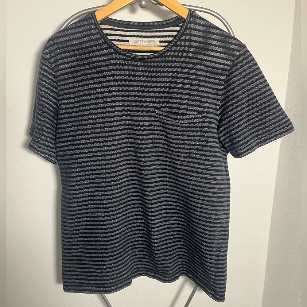 Outerknown Men's Short Sleeve Crewneck Tee in Navy and Gray Stripe